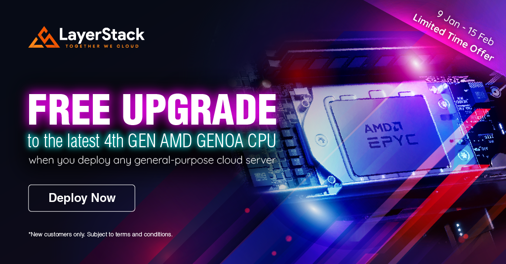 FREE INSTANT UPGRADE to the latest 4th Gen AMD Genoa CPU when you deploy any general-purpose cloud server.